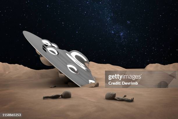 crashed ufo and dead aliens - planets colliding stock pictures, royalty-free photos & images