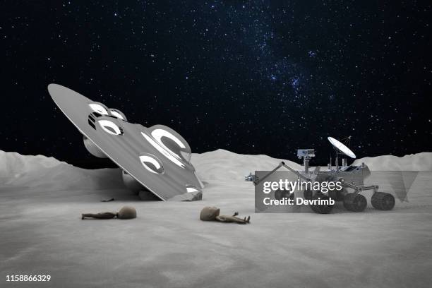 moon rover finding dead aliens and crashed ufo - planets colliding stock pictures, royalty-free photos & images
