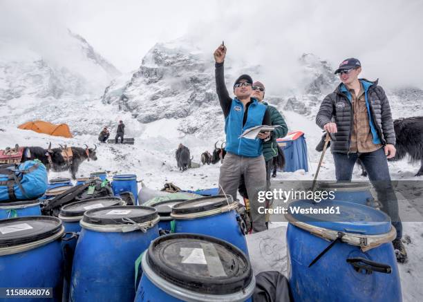 nepal, solo khumbu, everest base camp, sherpas checking provisions - sherpa photos et images de collection