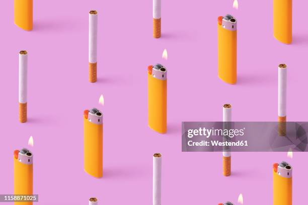 rows of cigarettes and burning lighters on purple background - cigarette lighter stock illustrations