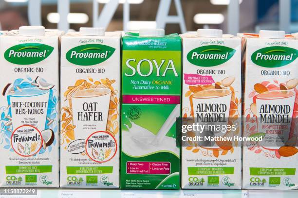 Soya and almond milk for sale in a health store on June 24, 2019 in Cardiff, United Kingdom.