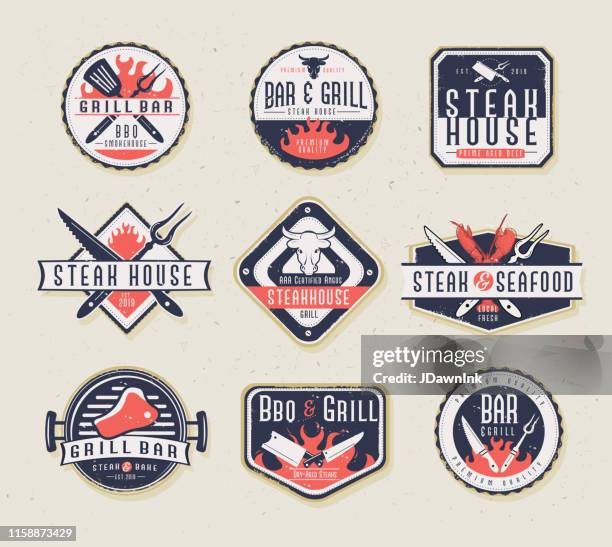 set of bbq labels with unique shapes and text designs as well as grill elements - steak stock illustrations