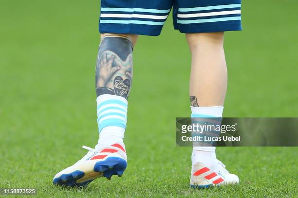 Detail of Lionel Messi of Argentina leg tattoo during the Copa America Brazil 2019 quarterfinal match between Argentina and Venezuela at Maracana...