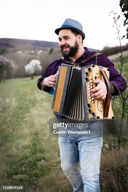 portrait of bearded man playing accordion on a meadow - acordeonista fotografías e imágenes de stock