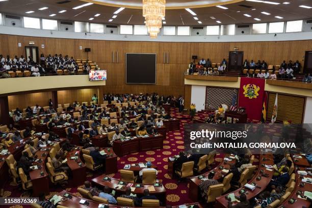 Speaker of Ghana's Parliament Mike Aaron Oquaye welcomes US Speaker of the House Nancy Pelosi at the Ghana's parliament, in Accra, on July 31, 2019...