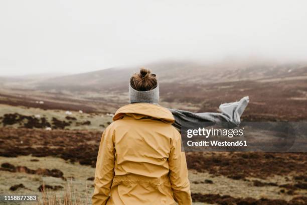 uk, scotland, isle of skye, rear view of young woman in rural landscape - hair bun scarf woman stock pictures, royalty-free photos & images