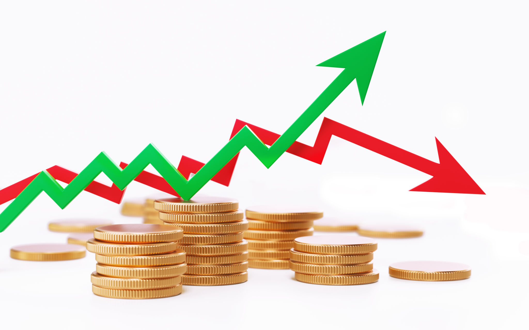 Red And Green Arrows And Coin Stacks On White Background Red And Green Arrows And Coin Stacks On White Background