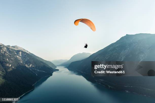 austria, tyrol, paraglider over lake achensee in the early morning - paragliding bildbanksfoton och bilder