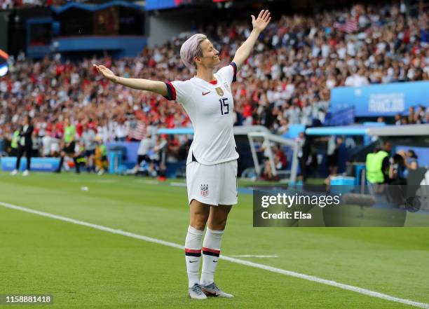 Megan Rapinoe of the USA celebrates after scoring her team's first goal during the 2019 FIFA Women's World Cup France Quarter Final match between...