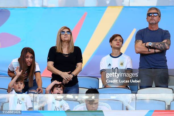 Lionel Messi's family wife Antonella Roccuzzo, mother Celia María Cuccittini, father Jorge Messi and sons Thiago and Mateo cheer prior to the Copa...