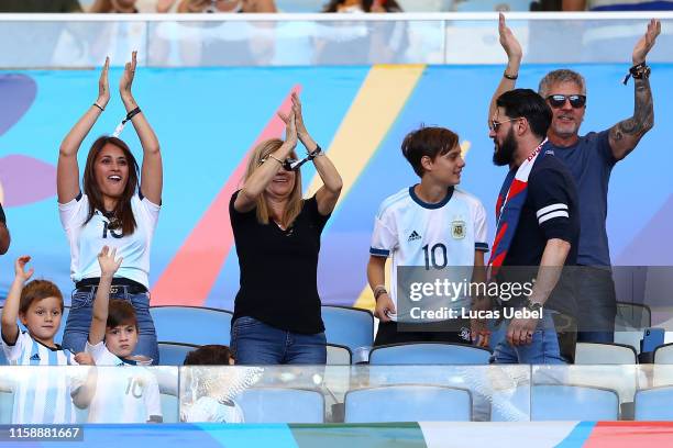 Lionel Messi's family wife Antonella Roccuzzo, mother Celia María Cuccittini, father Jorge Messi and sons Thiago and Mateo cheer prior to the Copa...