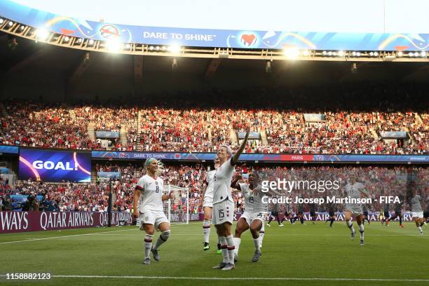 Megan Rapinoe of the USA celebrates after scoring her team's first goal during the 2019 FIFA Women's World Cup France Quarter Final match between...