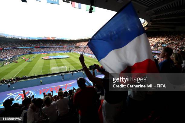 Fans show their support prior to the 2019 FIFA Women's World Cup France Quarter Final match between France and USA at Parc des Princes on June 28,...