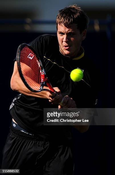 Marcus Willis of Great Britain in action during the 2nd Round Qualifying match against Rainer Schuettler of Germany for the AEGON International on...