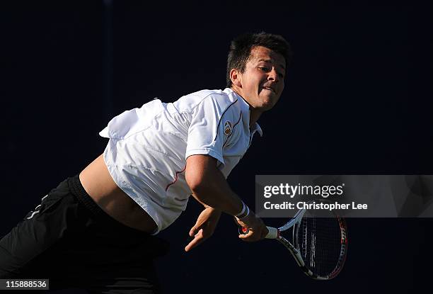 James Marsalek of Great Britain in action during the 1st Round Qualifying match against Toby Martin of Great Britain for the AEGON International on...