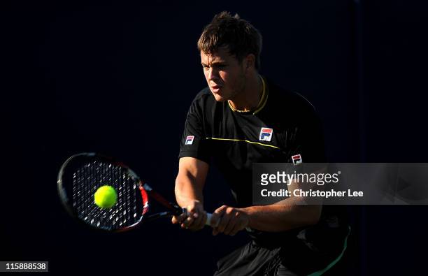 Marcus Willis of Great Britain in action during the 2nd Round Qualifying match against Rainer Schuettler of Germany for the AEGON International on...