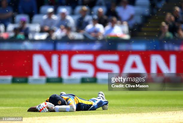 Suranga Lakmal of Sri Lanka lays down to avoid a swarm of bees during the Group Stage match of the ICC Cricket World Cup 2019 between Sri Lanka and...