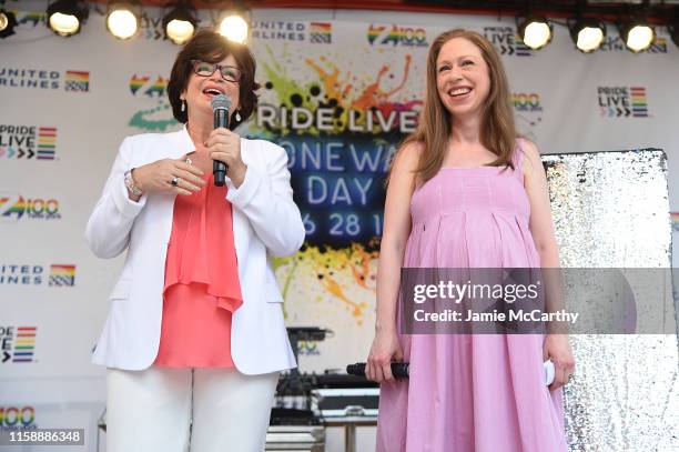 Valerie Jarrett and Chelsea Clinton speak onstage during Pride Live's 2019 Stonewall Day on June 28, 2019 in New York City.