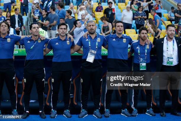 The staff of Argentina Luis Martín physical trainer, Martín Tocalli goalkeeper coach, Roberto Ayala assistant coach, Walter Samuel assistant coach,...