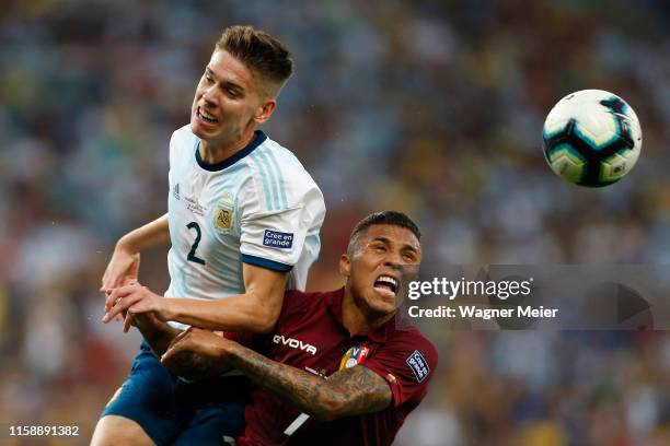 Juan Foyth of Argentina heads the ball against Darwin Machis of Venezuela during the Copa America Brazil 2019 quarterfinal match between Argentina...