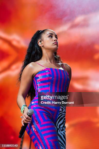 Jorja Smith performing on the West Holts stage during day three of Glastonbury Festival at Worthy Farm, Pilton on June 28, 2019 in Glastonbury,...