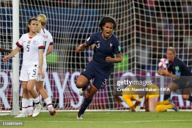 Wendie Renard of France celebrates after scoring her team's first goal during the 2019 FIFA Women's World Cup France Quarter Final match between...
