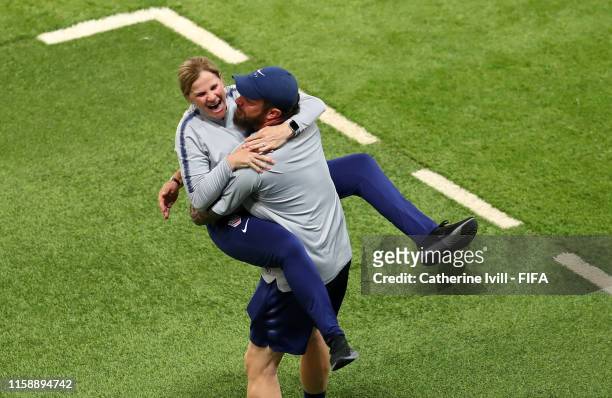 Jill Ellis, Head Coach of USA celebrates following victory in the 2019 FIFA Women's World Cup France Quarter Final match between France and USA at...