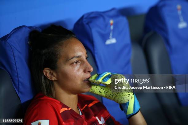 Sarah Bouhaddi of France looks dejected following her sides defeat in the 2019 FIFA Women's World Cup France Quarter Final match between France and...