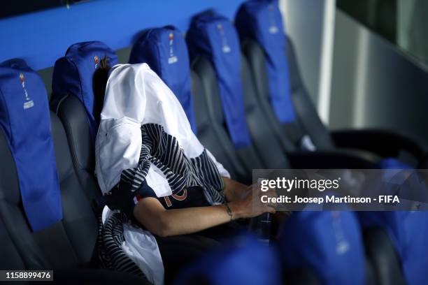 Griedge Mbock Bathy of France looks dejected following her sides defeat in the 2019 FIFA Women's World Cup France Quarter Final match between France...