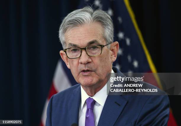 Federal Reserve Chairman Jerome Powell speaks during a press conference after a Federal Open Market Committee meeting in Washington, DC on July 31,...