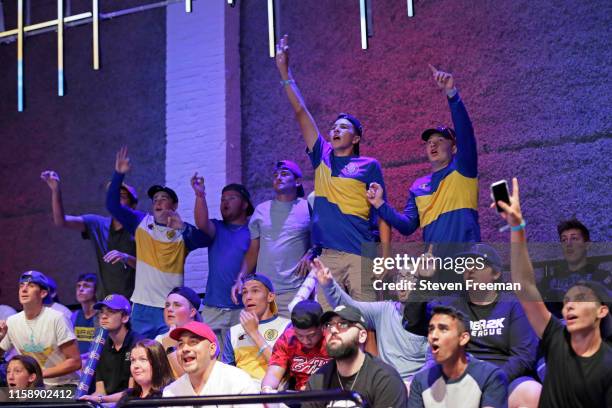 Crowd filled with Warriors Gaming Squad fans get hyped during the game against T-Wolves Gaming during the NBA 2K League Playoffs on July 26, 2019 at...