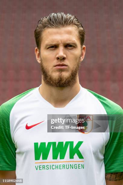 Jeffrey Gouweleeuw of FC Augsburg poses during the team presentation on July 31, 2019 in Augsburg, Germany.