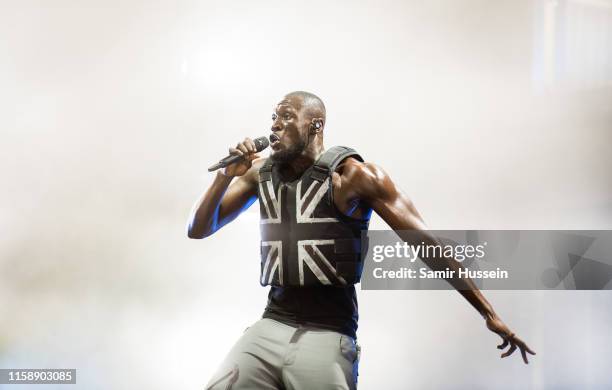 Stormzy headlines the Pyramid Stage on day three of Glastonbury Festival at Worthy Farm, Pilton on June 28, 2019 in Glastonbury, England.