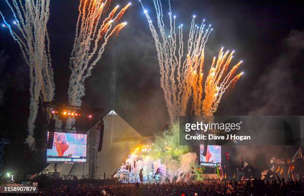 Fireworks illuminate the Pyramid stage as Stormzy performs during day three of Glastonbury Festival at Worthy Farm, Pilton on June 28, 2019 in...