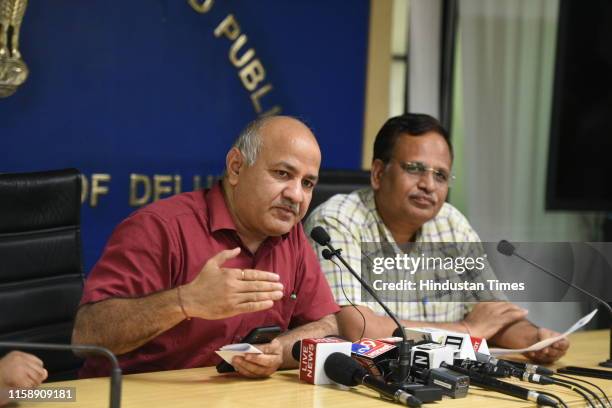 Delhi Deputy Chief Minister Manish Sisodia and Power Minister Satyendar Jain address a press conference on the announcement by Delhi Electricity...