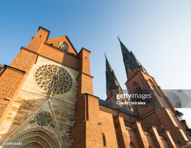 towers of uppsala cathedral - uppsala stock pictures, royalty-free photos & images