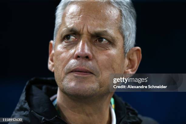 Reinaldo Rueda head coach of Chile looks on during the Copa America Brazil 2019 quarterfinal match between Colombia and Chile at Arena Corinthians on...