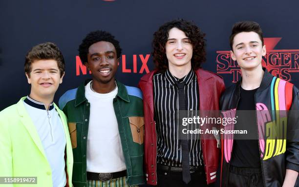 Gaten Matarazzo, Caleb McLaughlin, Finn Wolfhard, and Noah Schnapp attend the premiere of Netflix's "Stranger Things" Season 3 on June 28, 2019 in...