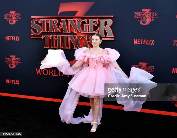 Millie Bobby Brown attends the premiere of Netflix's "Stranger Things" Season 3 on June 28, 2019 in Santa Monica, California.
