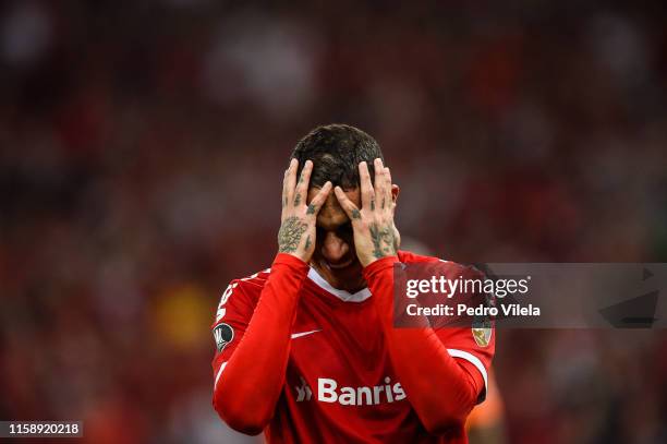 Paolo Guerrero of Internacional reacts during a match between Internacional and Nacional URU as part of Copa CONMEBOL Libertadores 2019 at Beira-Rio...