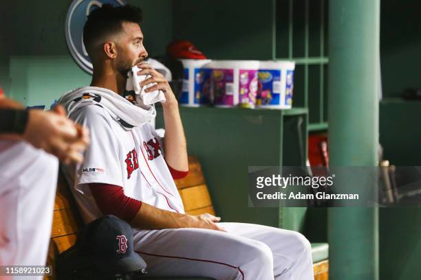 Rick Porcello of the Boston Red Sox reacts in the dugout after being pulled in the sixth inning of a game against the Tampa Bay Rays by manager Alex...