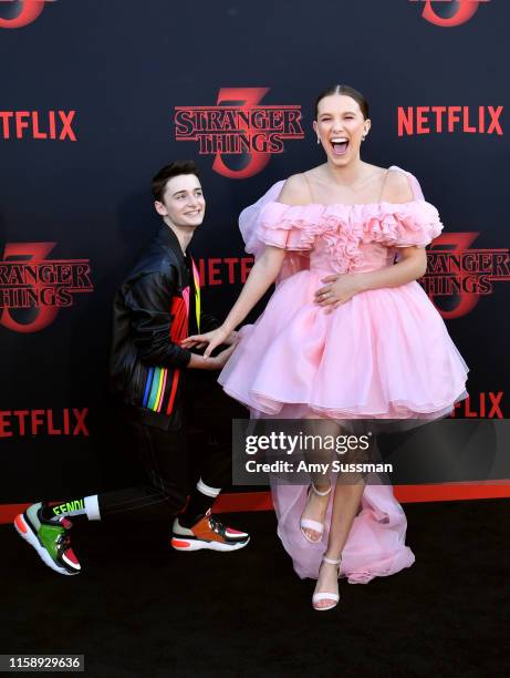 Noah Schnapp and Millie Bobby Brown attend the premiere of Netflix's "Stranger Things" Season 3 on June 28, 2019 in Santa Monica, California.