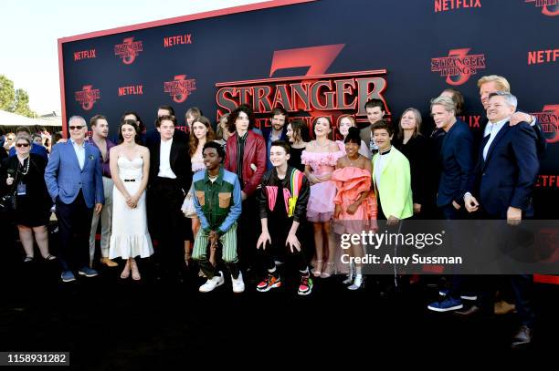 The cast and crew including Joe Keery, Winona Ryder, David Harbour, Dacre Montgomery, Sadie Sink, Millie Bobby Brown, Gaten Matarazzo, Caleb...