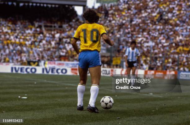 Zico of Brazil during the World Cup match between Argentina and Brazil in Stade de Saria at Barcelona on the 02 july 1982.