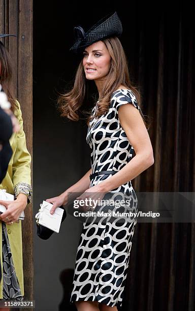 Catherine, Duchess of Cambridge attends the wedding of Sam Waley-Cohen and Annabel Ballin at St. Michael and All Angels church on June 11, 2011 in...