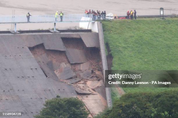 Toddbrook Reservoir near the village of Whaley Bridge, Derbyshire, after it was damaged in heavy rainfall.