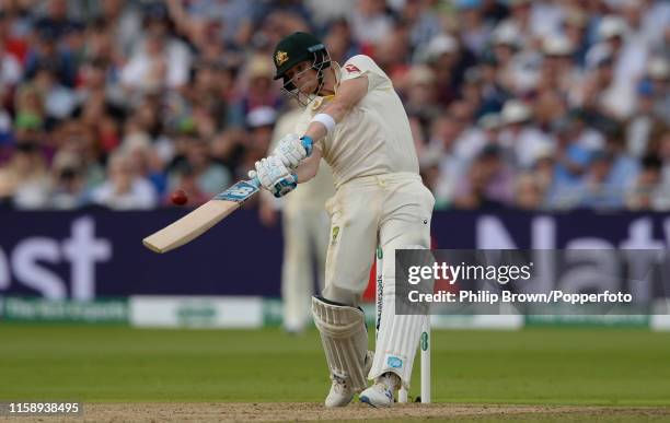 Steve Smith of Australia hits a four during the first Specsavers Test Match between England and Australia at Edgbaston on August 1, 2019 in...