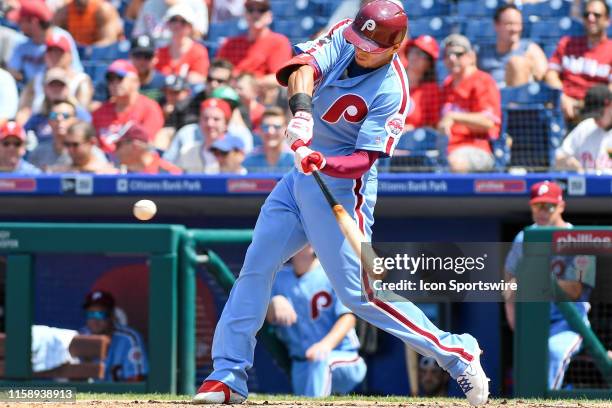 Philadelphia Phillies Second base Cesar Hernandez hits a home run during the game between the San Fransisco Giants and the Philadelphia Phillies on...