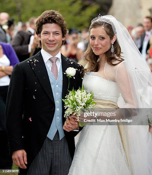 Sam Waley-Cohen and Annabel Ballin after their wedding at St. Michael and All Angels church on June 11, 2011 in Lambourn, England.