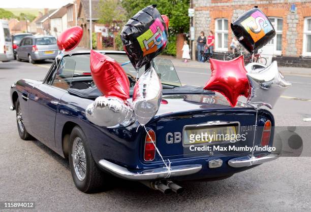 The convertible Aston Martin car used by Sam Waley-Cohen and Annabel Ballin to leave St. Michael and All Angels church after their wedding on June...